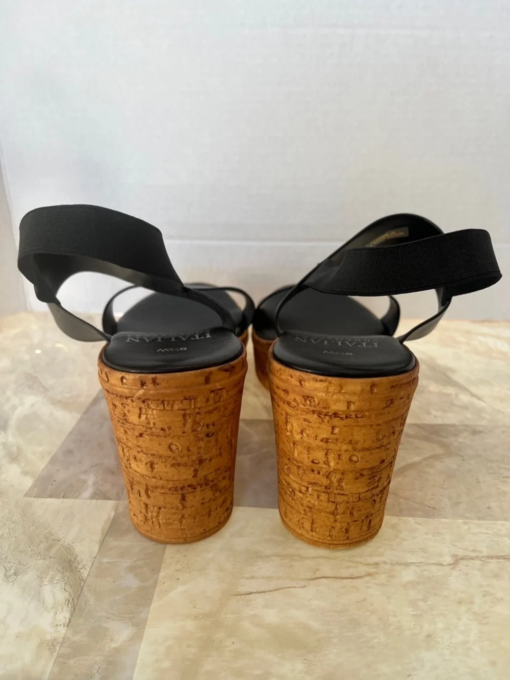 Italian Shoemakers Black Leather-Strap Cork Wedge Sandals - Picture 5 of 12